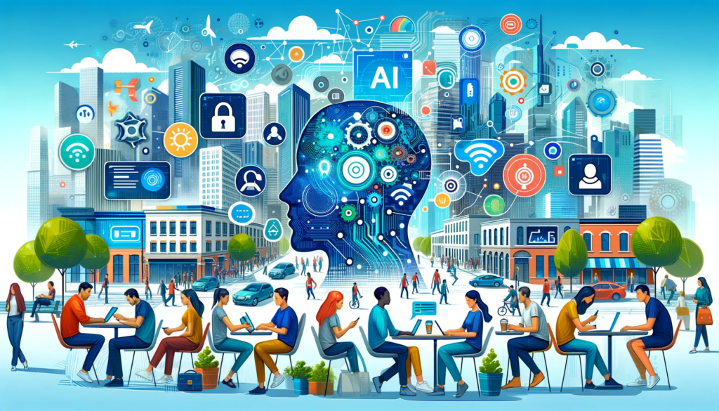 An illustration showing the growth of AI technology with interconnected nodes representing its impact on various industries and the world